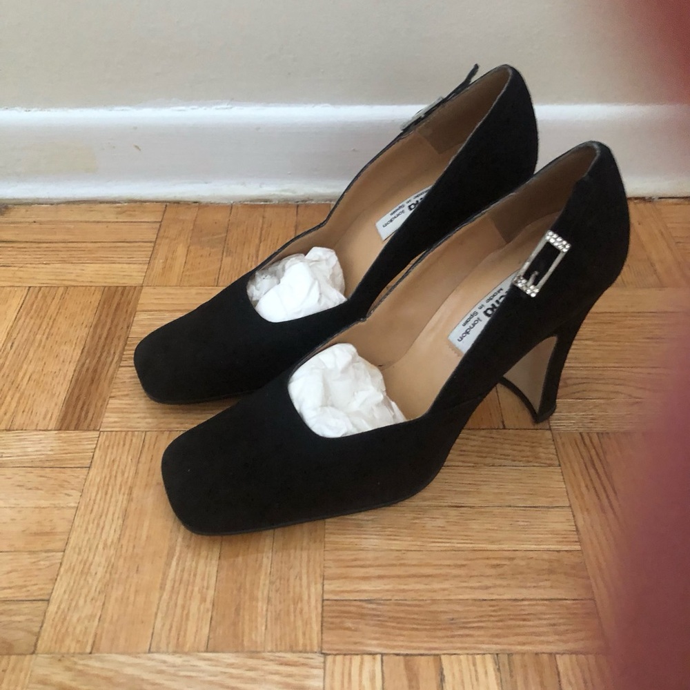 Black Suede Women's Heels with Buckle Accent